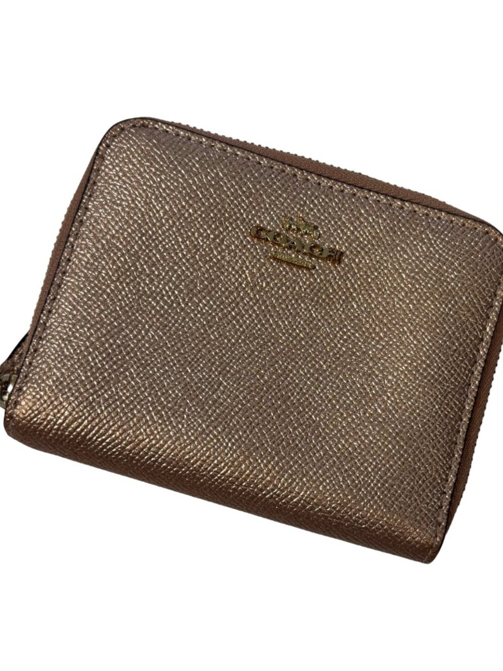 Coach Metallic Rose Gold Compact Bi-Fold Zip Wallet